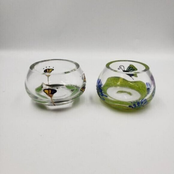 Nagel Glass Votive Candle Holders Hand Painted Colorful Heavy Glass Floral Two - Picture 7 of 15